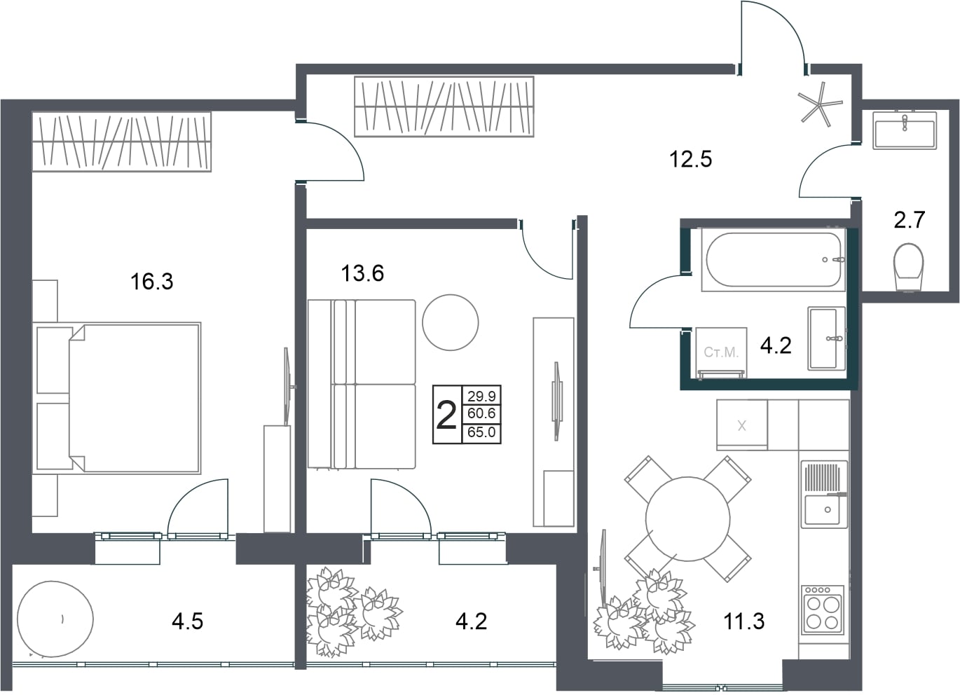 2-комнатная квартира 65 м² в ЖК Династия — продажа квартир от застройщика  «Орелстрой» (г. Орел)