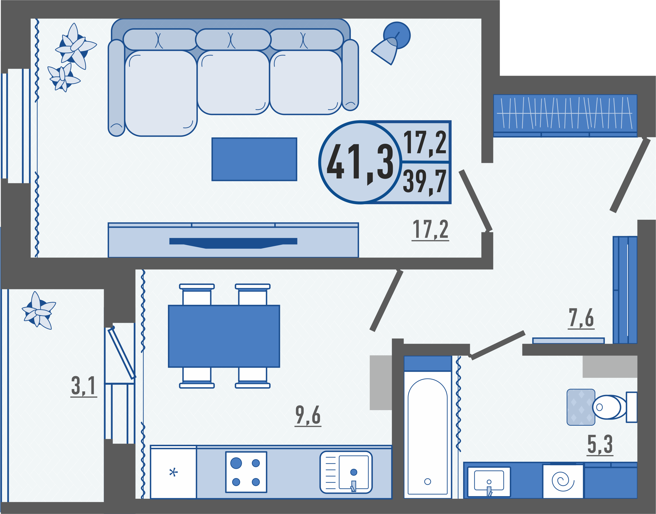 1-комнатная квартира 41.7 м2