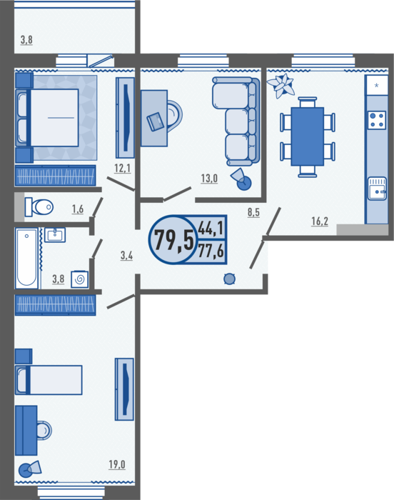 3-комнатная квартира 79.5 м2
