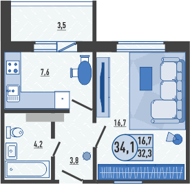 1-комнатная квартира 34.1 м2