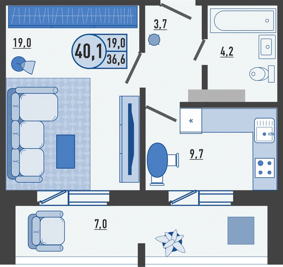 1-комнатная квартира 40.1 м² в ЖК ЦИТРУС — продажа квартир от застройщика  «Орелстрой» (г. Орел)