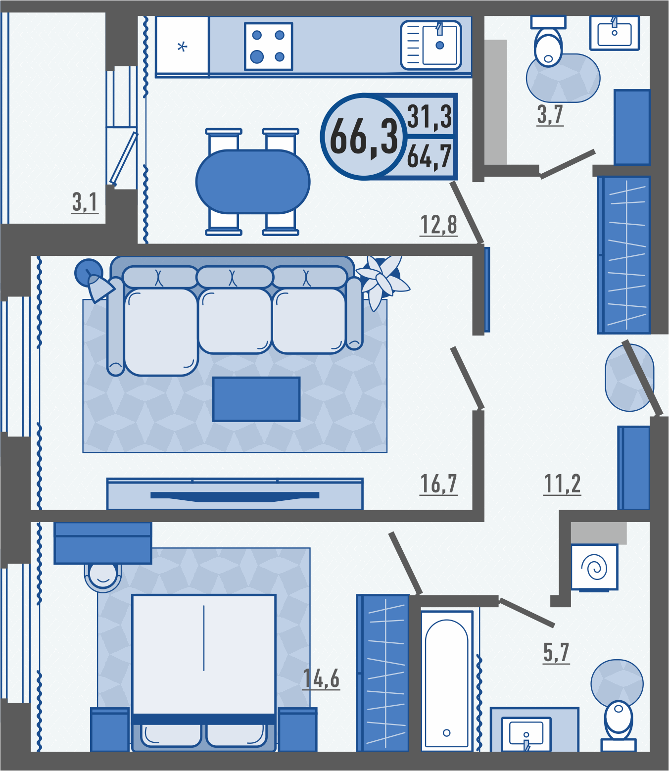 2-комнатная квартира 66.6 м2