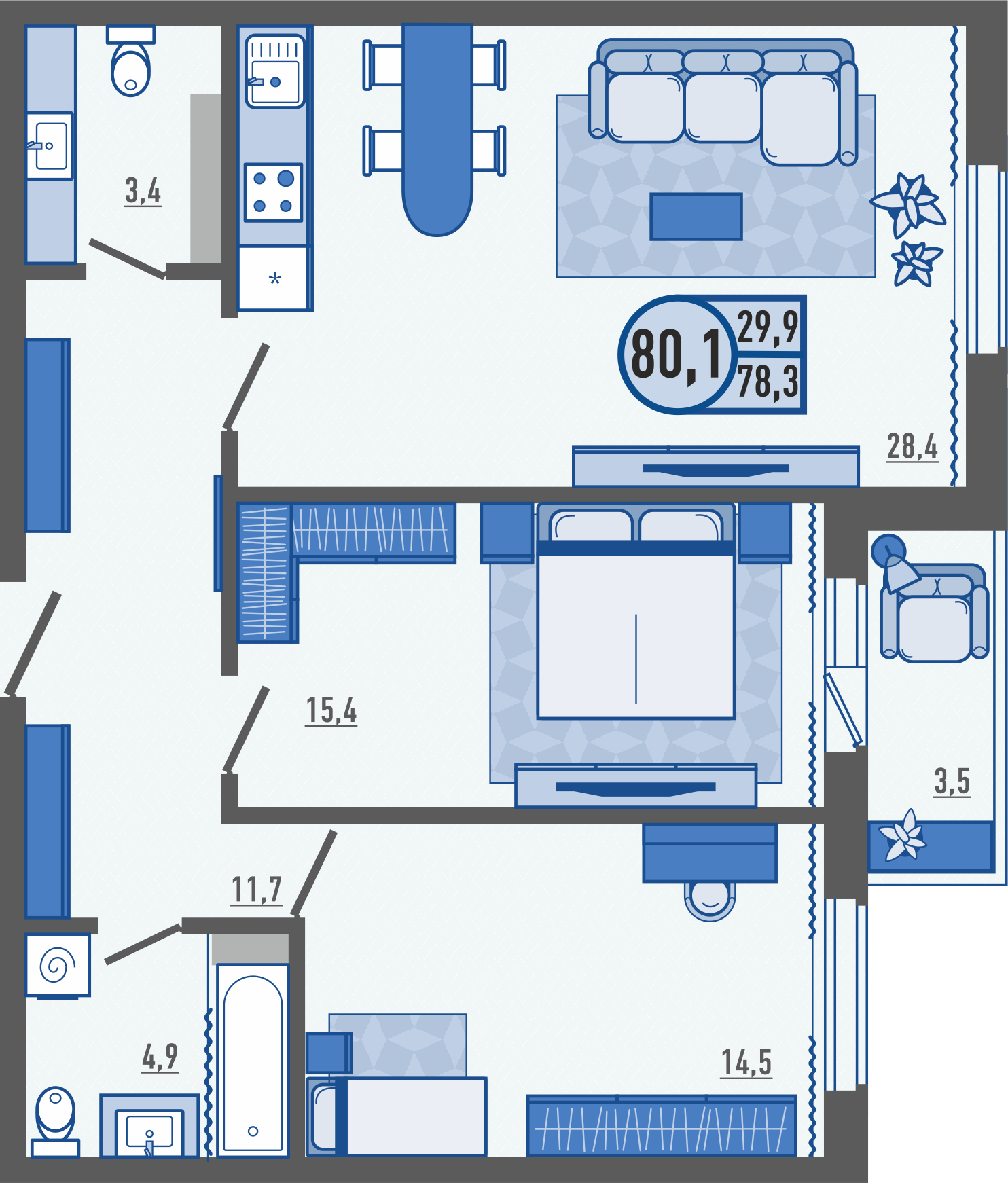 3-комнатная квартира 80.2 м2