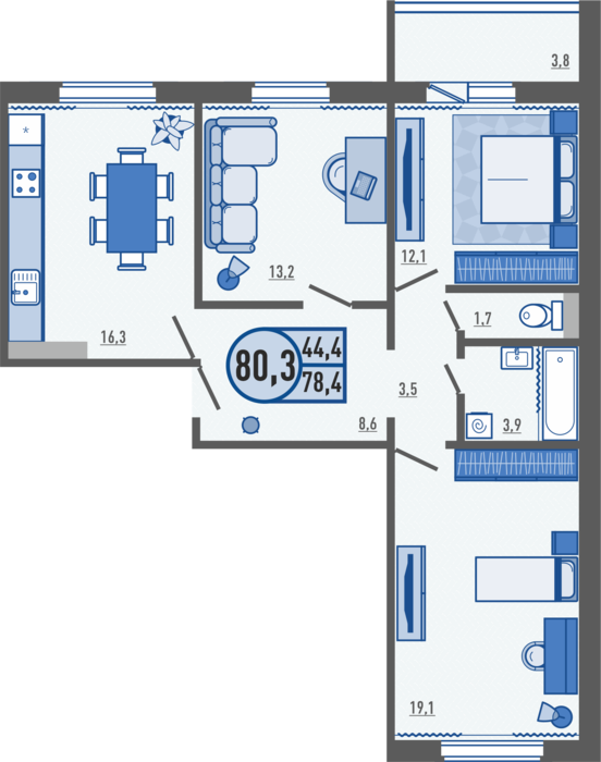3-комнатная квартира 80.3 м2
