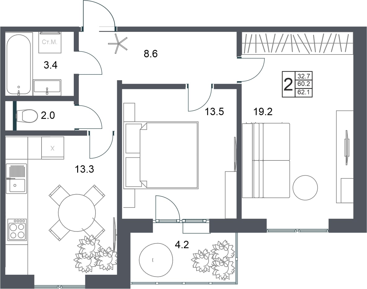 2-комнатная квартира 62.1 м² в ЖК Династия — продажа квартир от застройщика  «Орелстрой» (г. Орел)