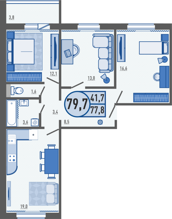 3-комнатная квартира 79.7 м2